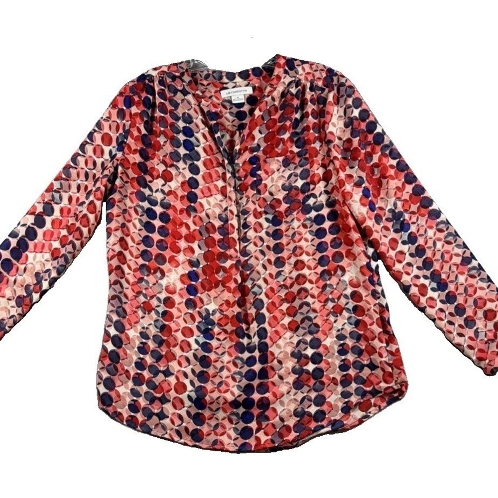 Blouse Womens Liz Claiborne M‎ Red Navy Blue Geometric Circle Print Long Sleeve